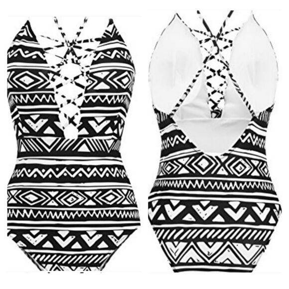 Ekouaer Cage Front Black/White Tribal Print One-piece Swimsuit - Picture 10 of 16